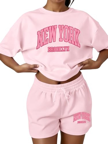 ASTANFY 2 Piece Short Sets for Women Casual Graphic Lounge Set Pink