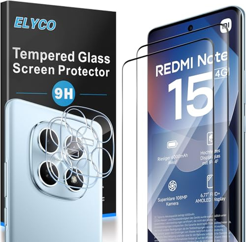 ELYCO Cristal Templado para Xiaomi Redmi Note 15 4G, 2+2 Piezas | 2 Piezas Protector de Pantalla + 2 Piezas Protector de Lente Cámara, 9H Dureza Anti-Rasguños, HD Vidrio Templado