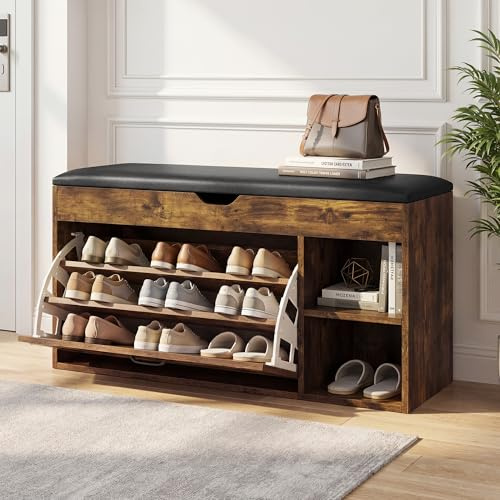 BonVache Shoe Bench with Cushion, Storage Bench with Padded Seat, Shelves, Hidden Storage, Living Room Lounge Hallway Bedroom, Load Capacity 150 kg, Rustic Brown