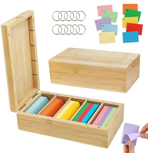A8 Karteikarten Box Holz, 22,4 x 10 x 7,5 cm Aarteikarten Box mit Klappdeckel, Karten Aufbewahrungsbox Holzs mit 500 Bunten Karteikarten und 10 Binderinge, für Büro, Schulen und Heim