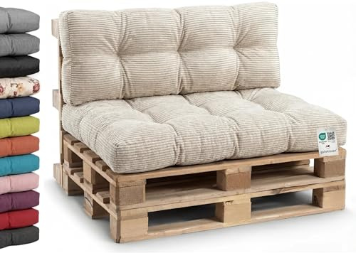 Gutekissen® Palettenkissen Cord, Gartensofakissen, Gesteppte Kissen gefüllt mit granuliertem Poulirette-Schaum PPI (Sitzkissen 120x60, Beige-Cord)