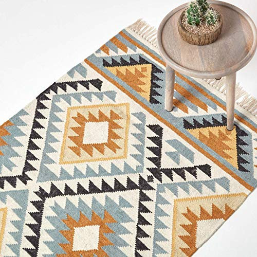 Homescapes Kelim-Teppich Agra, handgewebt aus Wolle/Baumwolle, 160 x 230 cm, bunter Wollteppich/Baumwollteppich mit geometrischem Muster und Fransen, Gold-grau-schwarz