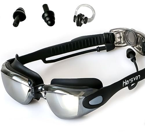 Hersvin Schwimmbrille (M/0 bis M/-8,0) UV400 Anti-UV Anti Nebel Schutzbrille für Erwachsene Männer Frauen Kinder (Schwarz, M/-4,5)