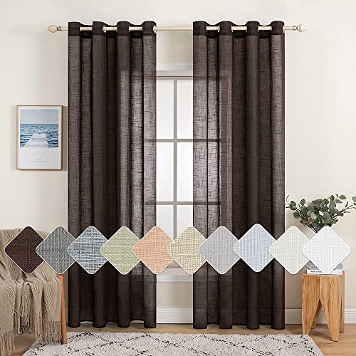 MIULEE 2er Set Voile Vorhang Sheer Leinenvorhang mit Ösen Transparente Leinen Optik Gardine Ösenschal Wohnzimmer Fensterschal Lichtdurchlässig Dekoschal Schlafzimmer 140x260cm (B x H) Kaffee