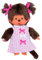 Sekiguchi 223589 - Original Monchhichi Mädchen, Plüschtier mit pink-weiß gestreiftem Kleid und Zöpfen mit Schleifen, ca. 20 cm großes Kuscheltier aus braunem Plüsch