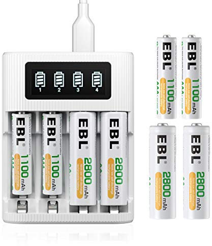 EBL LCD Chargeur de Piles Rapide- avec 4PCS AA 2800mAh et 4PCS AAA 1100mAh Piles Rechargeables NI-MH, LCD Chargeur Rapide par Micro USB avec Écran LCD Intelligent et 4 Slots Indépendants