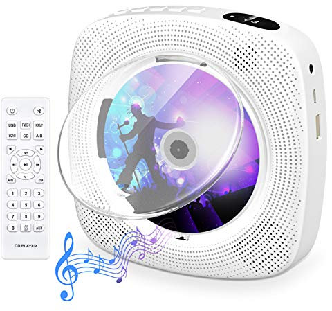 Tragbarer CD Player mit Bluetooth, Gueray Wandmontierbares CD Player Eingebaute HiFi-Lautsprecher mit LCD-Bildschirm, Home Audio Boombox FM-Radio USB MP3-Musik-Player (Weiß)