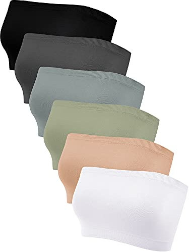 Geyoga 6 Pieces Strapless Bandeau Seamless Bralettes Stretchy Non Padded Tube Bra for Women(Medium,Black, Beige, White, Gray, Charcoal Gray, Olive Green)