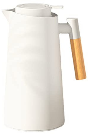 Thermoskanne Isolierkanne, Kaffeekaraffe Für Heißen Und Kalten Tee Kaffee, Mit Einfachem Sicherheitstaster, Holzgriff, Rutschfeste Unterseite, Thermosflasche Für Home Office Hotel (Weiß,1000ML)