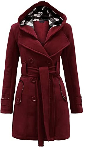 Wollmantel Damen Winter Kurz - Wolljacke Mit GüRtel Trenchcoat Zweireihiger Mantel Wollmischung Mantel Herbst üBergangsjacken Winterjacke Warm GefüTtert Kunstpelz Wintermantel Winterparka Mit Kapuze