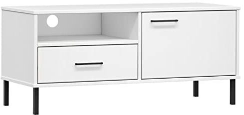 vidaXL Meuble TV avec Pieds en Métal, Armoire de Télévision avec 2 Compartiments et Tiroir, Meuble Télé avec Rangement, Industriel, Blanc Bois de Pin Massif