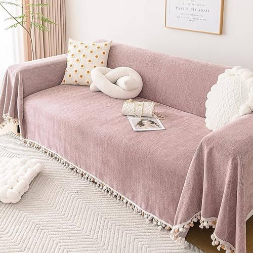 Sofa Bezug 180x360cm, Einfarbig Fischgrätenmuster mit Quasten Sofabezug 4 Sitzer Sofabezug Waschbar Rosa Sofa Überzug für Ledersofa
