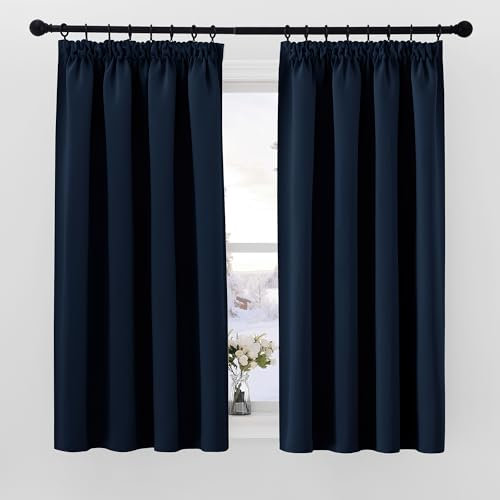 PONY DANCE Vorhang Dunkelblau Blickdicht Übergardinen mit Kräuselband 2er Set H 160 x B 140 cm Verdunklungsvorhänge für Schiene Wohnzimmer Gardinen Kurz Thermogardine gegen Hitze