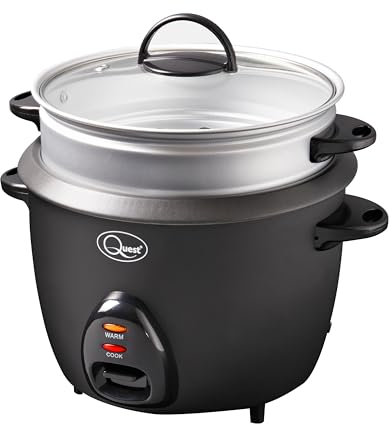 Quest 33379 1.5 Litre Rice Cooker & Steamer/Cooks Rice, Steams & Keeps Food Warm/Non-Stick Inner Pot/Clear Viewing Lid/Cool Touch Handles/Sleek, Compact Design/With Spoon & Measuring Cup