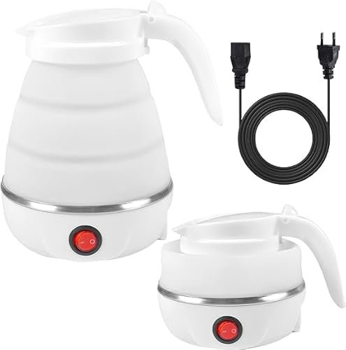 Auirshiky Hervidor Eléctrico Plegable, 600 ml Hervidor de Agua de Silicona, con Fondo de Acero Inoxidable, Mini Hervidor Portátil para Acampar, Viajar (Blanco)