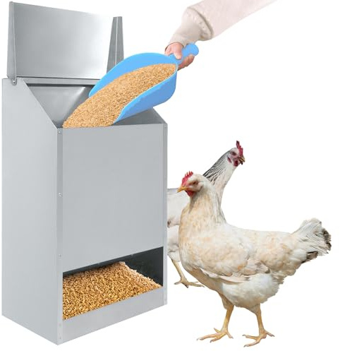 ORHEYA 22,5KG Futterautomat Hühner Verzinkt Futtertröge Geflügelfutterautomat Wandhalterung mit Deckel Wasserdicht und Rattensicher Hühnerfutterautomat Futterspender Futtertrog für Geflügel