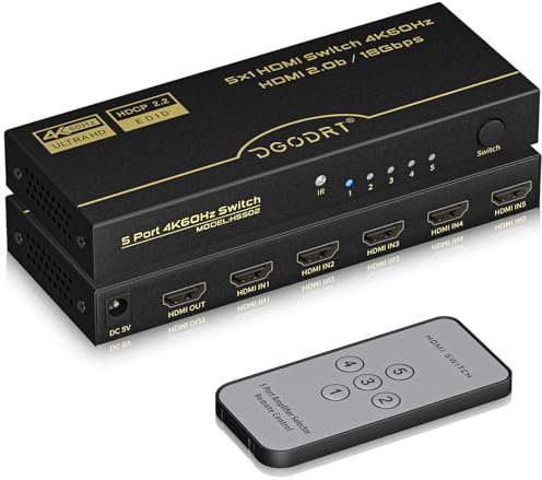 HDMI Switch 4K 60Hz 5 in 1 Out, 5 Port HDMI Umschalter Selector Box mit Fernbedienung for Xbox PS3/4/5 HDTV Monitor