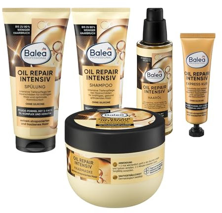 Balea 5er-Set Haarpflege: Shampoo Repair Intensiv, 250 ml+Spülung Oil Repair Intensiv 200 ml+Haarkur Oil Repair Intensiv 300ml+Express Kur Oil Repair Intensiv 20 ml+Haaröl Oil Repair Intensiv 100 ml