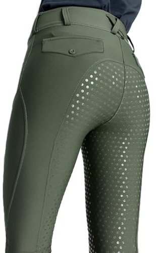 ticticlily Damen Reitleggings Silikon Vollbesatz Hohe Taille Reithose mit Handytasche und Gürtelschlaufen Flex und Elastischem Reitsport Leggings Hosen A Grün S