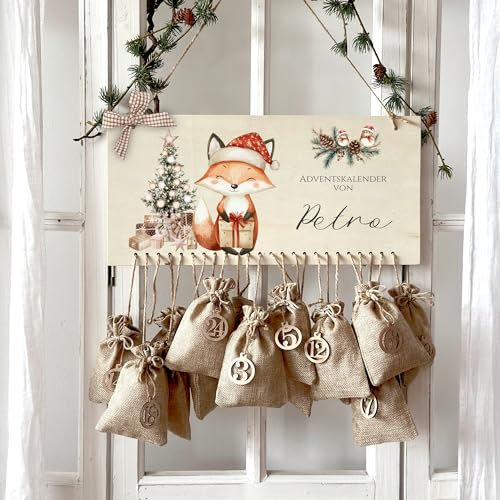 Manufaktur Liebevoll Adventskalender mit Namen für Kinder zum Befüllen, personalisierter Adventskalender für Mädchen Jungen Holz DIY Weihnachtskalender Jutesäckchen Adventszahlen (Fuchs)