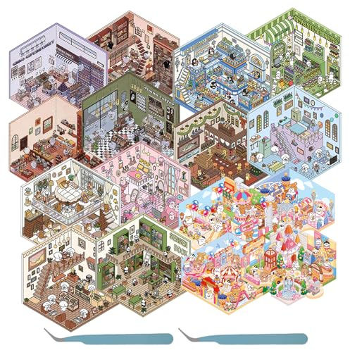 16Pcs DIY 3D House Stickers,3D Miniatur Haus Sticker,DIY-Aufkleber,Sticker Scenes Selbermachen von Supermarkt, Café, Restaurant für Erwachsene und Kinder (16pcs,C)