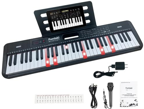 Funtaki Elektronisches Keyboard Piano mit 61 Tasten für Erwachsene mit leuchtenden Tasten, 61 kompakten Tasten Digitalpianos - Perfektes Anfängerklavier Schwarz