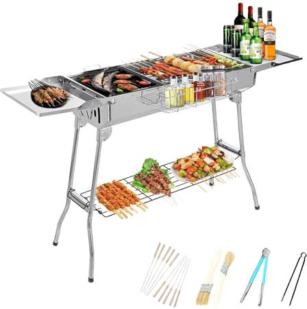 Holzkohlegrill Edelstahl XXL Kohlegrill Klappgrill Camping Grill Faltbar BBQ Charcoal Grill Picknickgrill mit Zubehör für Camping Garden Backyard Picknick