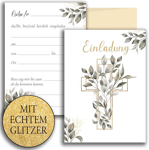 10 Einladungskarten mit Umschlag Einladung Glitzer zweiseitig Karten stilvoll kreuz Aquarell zart zur Taufe Kommunion Konfirmation Firmung Blättern Grün Beige Mädchen zum selbst gestalten Glitzer