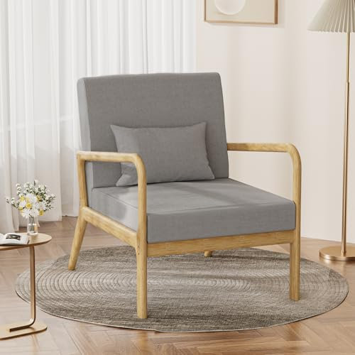 FiveWillowise Gepolsterter Sessel mit Armlehnen, Loungesessel mit Massivholzrahmen Relaxsessel für Wohnzimmer Schlafzimmer, Stoff Lehnsessel mit Lendenkissen, Ohrensessel, Polsterstuhl, Grau