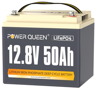 Power Queen 12,8V 50Ah Batterie Lithium, 15000 Cycles pour Tondeuse à Gazon | 640Wh d'énergie, BMS 50A, 20+ Protection BMS, Jusqu'à 4p4s, LiFePO4 pour Marine, Moteur Électrique Bateau, Camping-Car