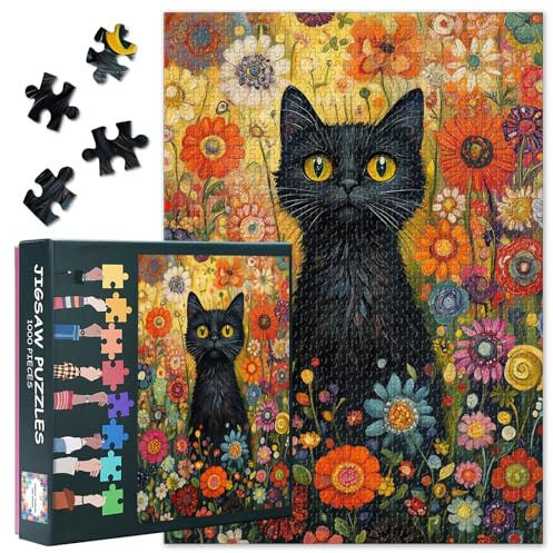 1000 Teile Puzzle für Erwachsene Schwarze Katze in Bunten Blumen Botanisches Kunstpuzzle Herausforderndes Spiel Unterhaltsamer Familienspaß Wanddekoration 50.5 x 70.5 cm