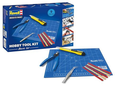 Revell Hobby Tool Kit Basic – mit unverzichtbaren Modell- und Hobbywerkzeugen – Seitenschneider, Präzisionsmesser, Pinzette, Schleifpapierfeilen und Schneidematte, 32 x 30 cm