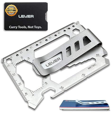 Lever Gear Toolcard Pro con Clip para Billetes - Multi-herramienta 40 en 1 en formato de tarjeta de crédito. Multi Herramienta de Cartera Elegante Minimalista de Acero Inoxidable – Plata Granallada