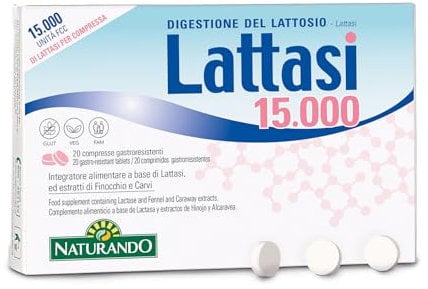 Naturando Lattasi 15.000 Integratore per la Digestione del Lattosio ad Alta Concentrazione di Lattasi - 20 Compresse
