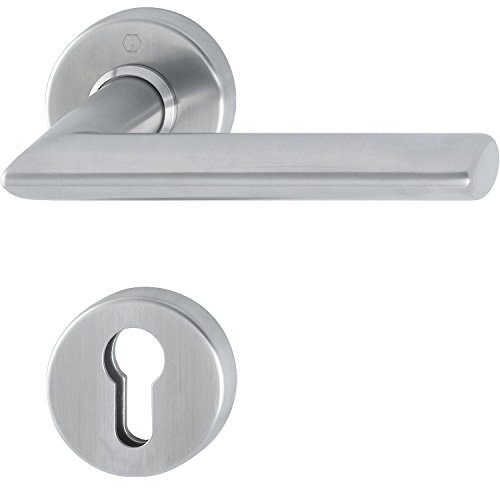 HOPPE Haustür Eingangstür Drückerhalbgarnitur STOCKHOLM, Edelstahl matt, Schlüsselrosette passend zu Knopflangschild STOCKHOLM, Türstärke 67-72mm, Vierkantstift 8 mm, Rundrosette PZ, Sicherheitsbeschlag