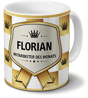 printplanet Tasse mit Namen Florian - Motiv Mitarbeiter des Monats - Namenstasse, Kaffeebecher, Mug, Becher, Kaffeetasse - Farbe Weiß
