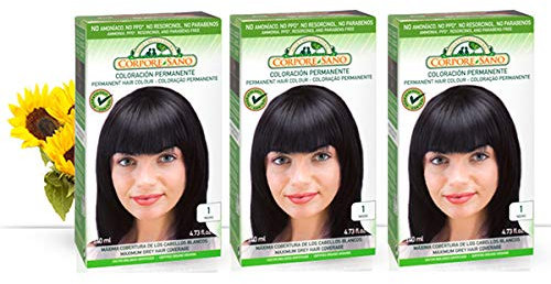 Corpore Sano Pack x3 Unidades Tinte Negro 1 Permanente 140ml - Tinte de coloración sin amoníaco, resorcinol ni parabenos. Los champús naturales de Henna poténcia la durabilidad del color