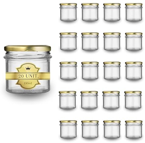 Espirito Rebelde Lot de 20 Pots en Verre Vides avec Couvercle Doré de 130 ml - Bocaux pour Confitures, Conserves, Miel, Yaourt - Marriage