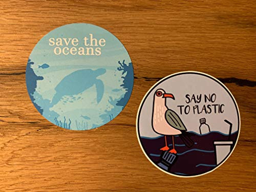 #824 / 2X Ozean Aufkleber je D=8,5cm No Plastic kein Plastik Sticker Welt Tiere retten Umwelt Co2 Welt Klima Vegan Fit