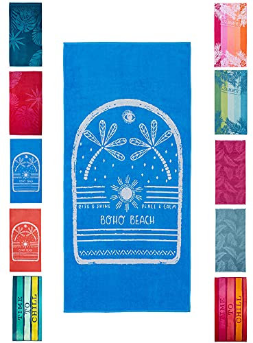 BaSaTex - Strandtuch Baumwolle in 90x180 cm - Strandlaken Badetuch aus Frottee Velours mit Aufhängeschlaufe - Saunatuch Öko-Tex Standard 100 Zertifiziert - Modell Boho Beach Blau Design