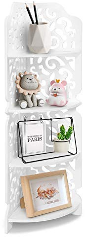 Cocoarm Eckregal mit 4 Ebenen Ablagen Bücherregal Aufbewahrungsregal Badezimmer Stehend Weiß Stehend Display Carved Dampproof 4-Lagiges Eckregal Weiß Lagerregale aus Holz