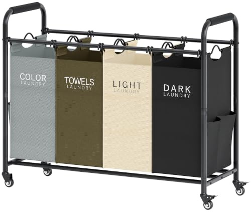 Tajsoon 4 Bag Laundry Sorter Cart, Laundry Hamper Sorter Basket with Heavy Duty Lockable Rolling Wheels for Clothes Storage, 4 Colors