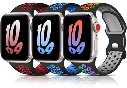Bandkids Lot de 3 bracelets arc-en-ciel compatibles avec Apple Watch pour enfants, bracelet en silicone souple pour Apple Watch Series 10/9/Ultra/8/7/6/5/4/3/2/1/SE 38 mm, 40 mm, 41 mm et 42 mm, 44 mm