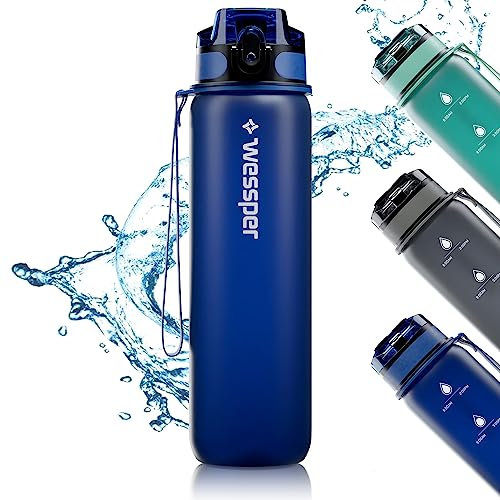 Wessper Bouteille d'eau Gourde Sport 1 Litre Bleu Royal Bouteille Reutilisable en Tritan sans BPA | Water Bottle avec Filtre et Marqueur de Temps pour Fitness & Enfant & Adulte | Gourde Motivation