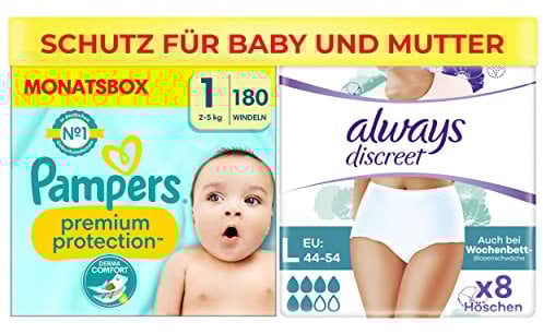 Pampers Baby Windeln Größe 1 (2-5kg) Premium Protection, 180 Stück, Newborn, Monatsbox und Always Discreet Inkontinenz und Wochenbett Pants Gr. L (8 Höschen) für Damen, 0% Farb- und Duftstoffe