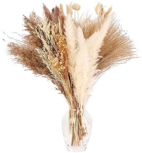 Belle Vous 104 Stk Weiße Natürliche Getrocknete Pampasgras Deko - 35-46 cm Lange Stiele - Sortierte Boho Deko mit Pampasgras, Schilfen & Hasenschwänzen - Trockenblumen Deko für Vase, Hochzeit & Party