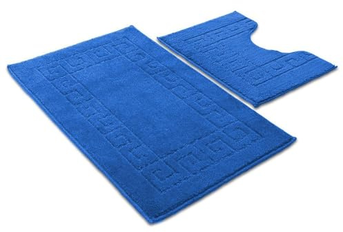 Ambience Products Greek Key Pattern Bath Mats 2 Piece Sets Non Slip Bathroom Mat, Soft Washable Rug Quick Dry Water Absorbent Bathroom Shower Mat & Pedestal Set (Dark Blue)