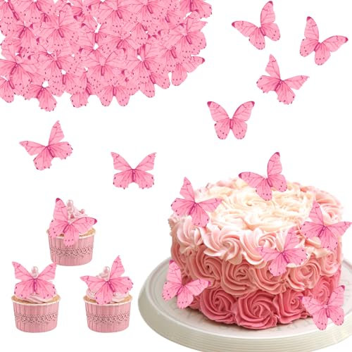 DazzJoy Essbare Schmetterlinge für Torte,40 Stück Essbare Tortendeko Schmetterlinge für Hochzeit,Rosa Schmetterlinge Kuchen Deko Essbar,Esspapier Tortendeko Geburtstag,Tortendeko Essbar Babyparty