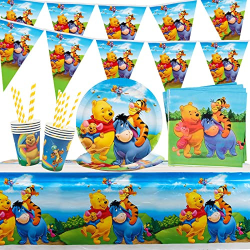 Winnie Pooh Partygeschirr Kindergeburtstag, 52Pcs Geburtstag Party Tableware Supplies, Papier Teller Tassen Servietten Wimpel Tischdecke Strohhalme, Kindergeburtstag Deko Geschirr Set