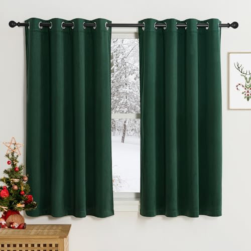 PONY DANCE Dark Green Velvet Curtains - 46x54 Inches Thermal Blackout Curtains Eyelet Top Soundproof & Room Darkening Short Window Treatment for Living Room/Bedroom/Kitchen, 2 Panels